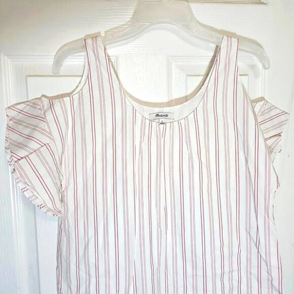 NWOT Madewell Rose Stripe White Summer Dress Open Shoulder Ruffle Sleeve Small - Picture 2 of 7